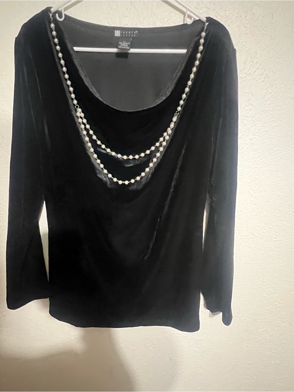 Carole Little Black Velvet Long-Sleeve Top with Pearl Chain Detail